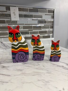 Vintage Laurel Burch style Cat figurines wooden hand painted folk art cat decor